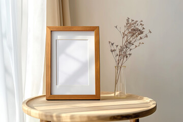 Sunlit wooden frame on table. Blank frame with dried flowers in cozy interior. Ideal for home decor and design mockups.