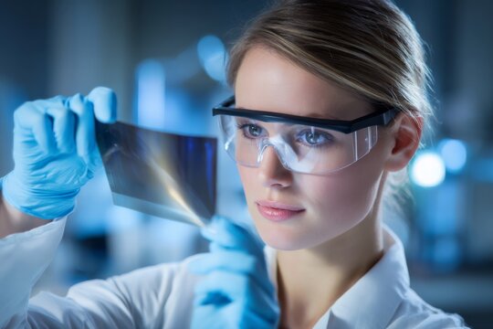 A female scientist in a laboratory inspects a film strip under artificial lighting. She wears protective goggles and gloves, focusing intently on her work during a nighttime research session - Powered by Adobe