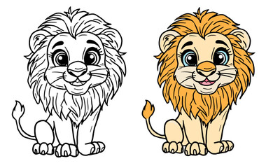 Funny lion cub with a fluffy mane and cute eyes, simple black and white and color sketch. Vector illustration. A coloring book concept for children, the drawing is isolated on a white background.