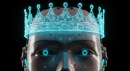 Futuristic robot head adorned with glowing crown and cybernetic features against dark background