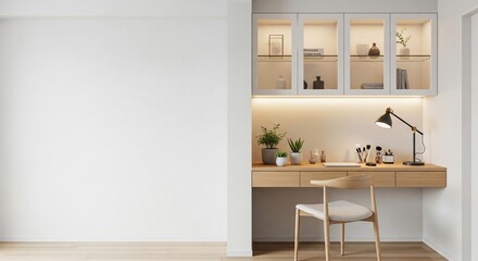 Modern minimalist home office desk setup with sleek cabinetry and warm ambient lighting creates a serene workspace.