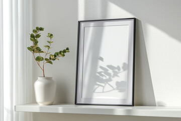 Black frame with plant shadow. Minimalist photo frame and vase on white shelf. Ideal for interior design and decor mockups.