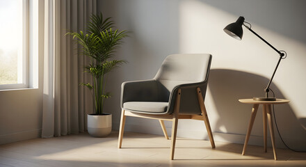 Minimalist Living Room Interior Featuring a Comfortable Chair, Plant, And Natural Light