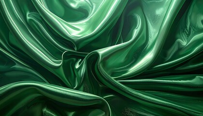 Luxurious emerald green satin drapes in dramatic folds, showcasing a smooth and reflective surface.