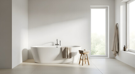 Minimalist modern bathroom interior design with a freestanding bathtub and natural light at daytime