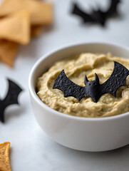 Festive Halloween hummus with bat decoration. Bowl of creamy dip and chips, perfect for parties and spooky season snacks.
