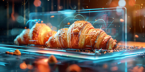 Three croissants on a futuristic tray with digital overlay and coffee beans scattered around them
