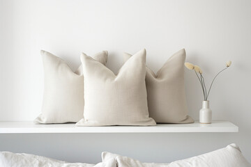 Minimalist white pillows on shelf. Soft cushions in calm, neutral interior. Ideal for home decor and modern design.