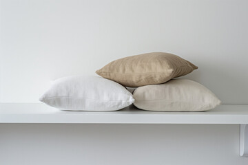 Neutral-toned pillows stacked on shelf. Simple cushions in soft natural colors. Ideal for minimalist home decor and lifestyle themes.