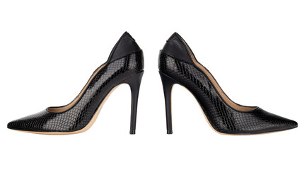 Pair of black stiletto shoes with snake texture