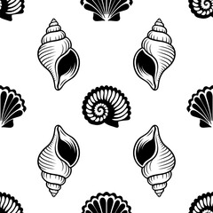 Black and white vector pattern with stylized shells. Ideal for backgrounds, textiles, packaging, and marine themed designs. Repeatable tile design.