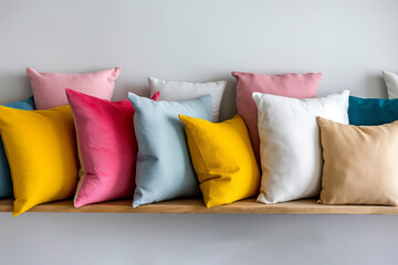 Soft colorful cushions on shelf. Bright pillows in cozy home setting. Ideal for interior design and decor projects.