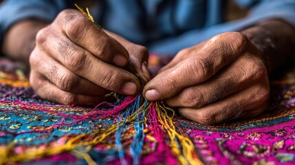 Medium shot capturing an artisan skillfully embroidering a personalized fabric patch focusing on colorful threads and needlework while the surrounding area softly fades out.