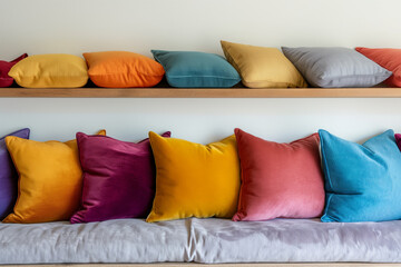 Cozy arrangement of colorful pillows. Soft cushions on sofa with vibrant hues. Ideal for home decor, interior design, or comfort themes.