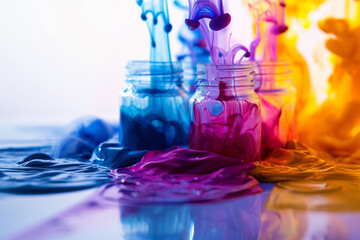 Bright ink swirling in jars. Vibrant paint mixing and flowing. Ideal for art, design, or creative projects