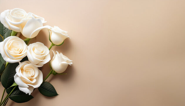 White Roses On A Beige Cream Background With Space Foy Copy Or Design Generative Ai