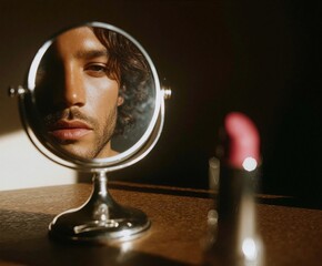 Surreal portrait of a man reflected in a round mirror with dramatic lighting, next to a pink lipstick on a wooden table. Artistic concept of identity, beauty, masculinity, and self-expression.