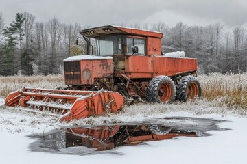 Vintage agricultural machinery, an orange combine harvester, rests in a snowy field with reflections in the water, surrounded by frosted trees and a cloudy sky, showcasing rural winter landscape