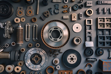 Precision layout of metal parts. Assorted mechanical components top view. Ideal for engineering, repair, or industrial themes.