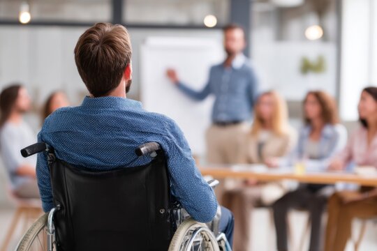 Group of individuals interact during a meeting in a contemporary office. A presenter stands by a whiteboard, sharing insights with attentive colleagues. One participant is in a wheelchair