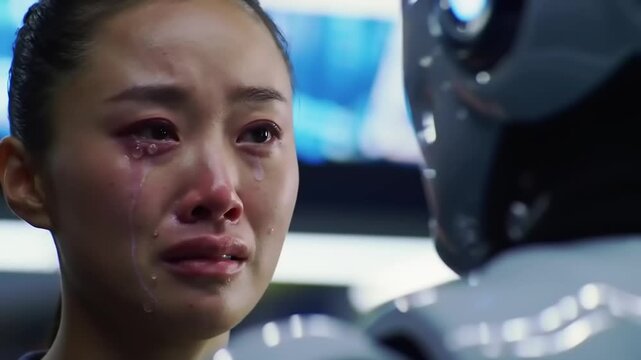 Woman crying near robot