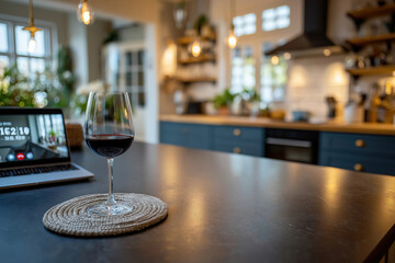 Cozy kitchen view with a glass of red wine and a laptop nearby
