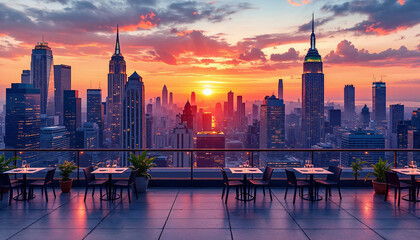 Fototapeta premium A cafe terrace on a rooftop at sunset, overlooking an abstract, stylized city skyline, with a tranquil, atmospheric feel