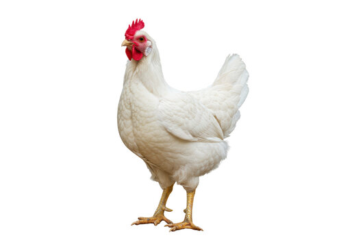 Isolated Leghorn chicken on neutral background, farm animal, poultry, bird standing