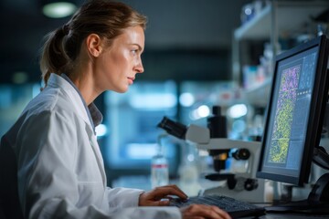 A scientist wearing a lab coat sits focused at a computer workstation in a laboratory. The room is dimly lit, creating an atmosphere of concentration while she analyzes data from a recent experiment
