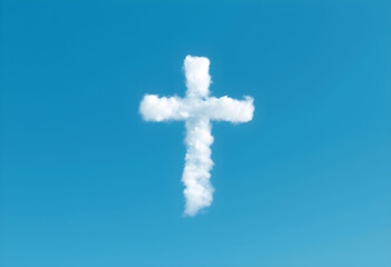 A cloud shaped like a Christian cross floating in a clear blue sky. Symbol of faith, hope, and spirituality, representing divine presence and inspiration in nature. 