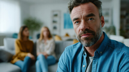Obraz premium Male client sitting in therapy session with psychotherapist during group consultation in modern bright room