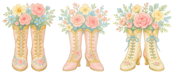 PNG Vintage floral boot illustrations, element set on transparent background