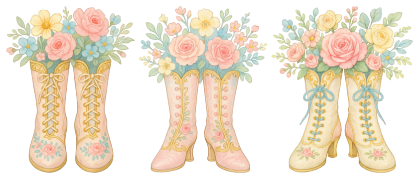 PNG Vintage floral boot illustrations, element set on transparent background