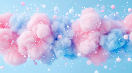 Whimsical pastel pink and blue cotton candy clouds with sparkling dust and floating spheres against light blue sky, creating dreamy and sweet fantasy background.
