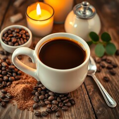 Fototapeta premium A warm and inviting still life of a freshly brewed cup of coffee in a white ceramic mug, resting on a rustic wooden table. Surrounded by coffee beans, cocoa powder.