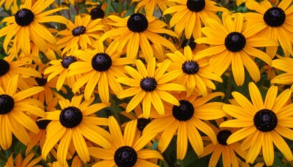 A close-up view of vibrant yellow coneflowers, showcasing their numerous petals and dark centers, creating a cheerful and sunny aesthetic.