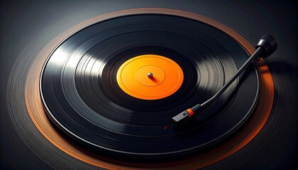 A close-up view of a vintage vinyl record player with a glowing orange center, highlighting the rich black tones and sleek design of the record and turntable.
