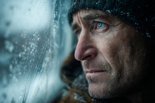 A man with striking blue eyes looks pensively through a frosted window, surrounded by snow. His expression reflects contemplation amid a cold winter atmosphere - Powered by Adobe