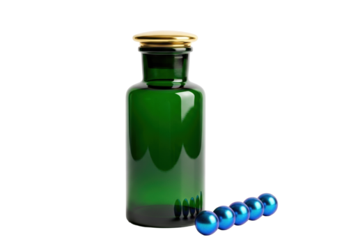 Dark forest green glass apothecary jar, golden brass stopper, iridescent blue wellness tablets on transparent studio background, high-key product photography. Concept of luxury wellness
