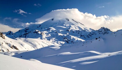 A breathtaking winter landscape showcases a majestic snow-capped mountain range under a vibrant blue sky.