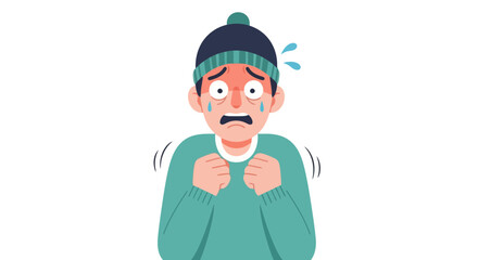 Cartoon depiction of a shivering person wearing winter clothing, portraying the sensation of extreme cold. Suitable for educational materials, weather forecasts, or health awareness campaigns.