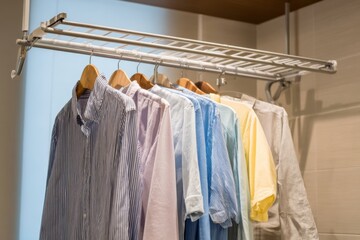 A variety of neatly pressed shirts are hanging on a clothes rack in a well-lit room, showcasing pastel colors and patterns. The setting exudes a clean and organized feel