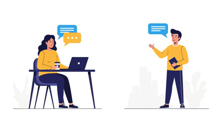 Illustration of remote communication between colleagues with speech bubbles, ideal for showcasing online collaboration, virtual meetings, and business communication concepts