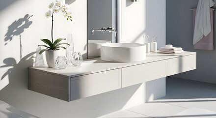 Fototapeta premium Modern Bathroom Interior With Minimalist Design, Natural Light, And Elegant Decor