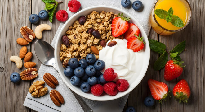 Healthy Breakfast Bowl with Granola and Berries.