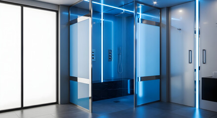 Modern bathroom interior with shower cabin and blue led lights design, luxury home