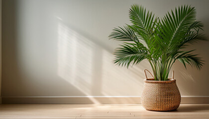 Fototapeta premium Lush Green Decorative Palm Plant In Woven Basket On Light Wooden Floor With Simple Elegant Background