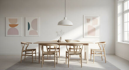 Modern dining room interior design featuring furniture, art prints, and a minimalist aesthetic