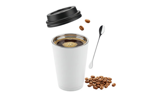 Isolated tumbler of fresh coffee with lid, beans, and stirring spoon for advertising
