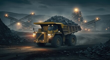 Fototapeta premium Giant dump truck carrying stones in mining area.